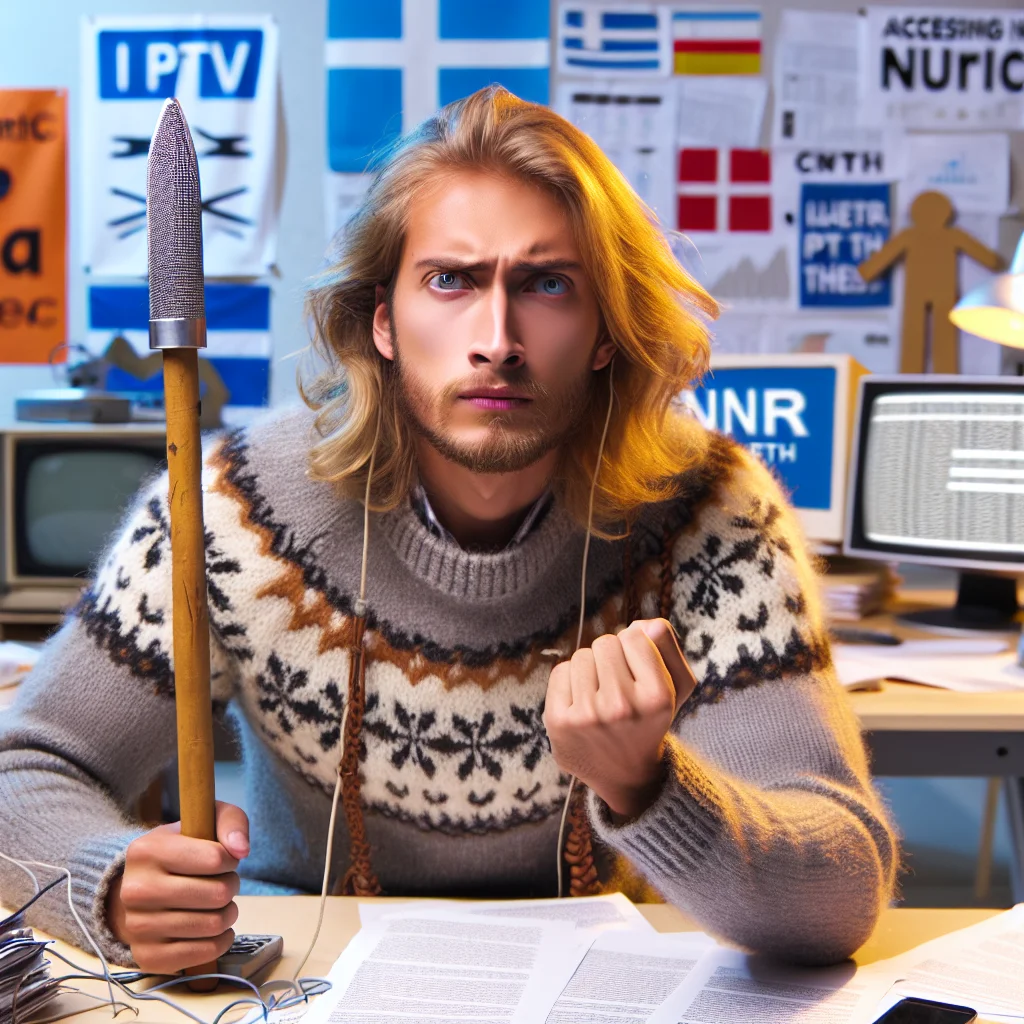 IPTV Nordic-tjänst visar skandinaviska kanaler på smart-TV med fjärrkontroll och nordiska flaggor i bakgrunden