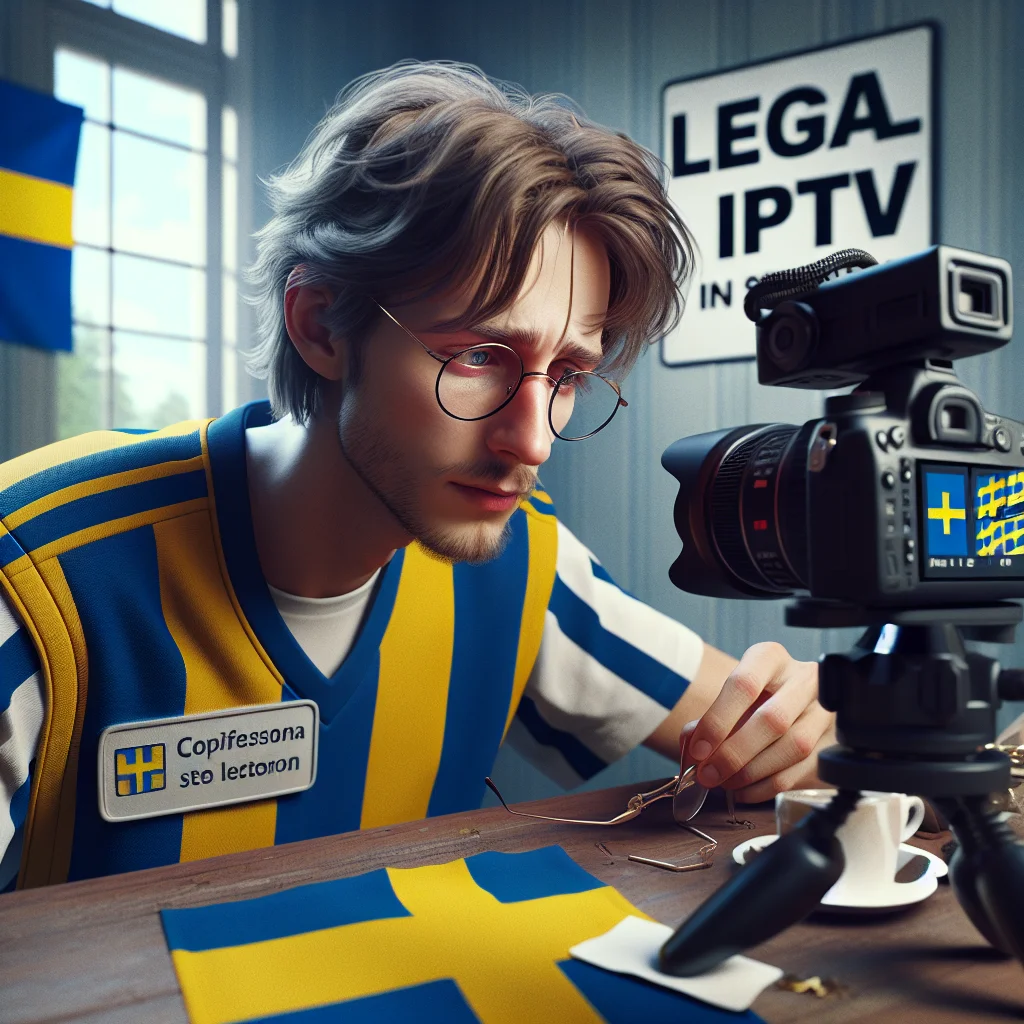 Person använder IPTV Sverige-tjänst på smart-TV med fjärrkontroll, visar kanallista och strömmat innehåll